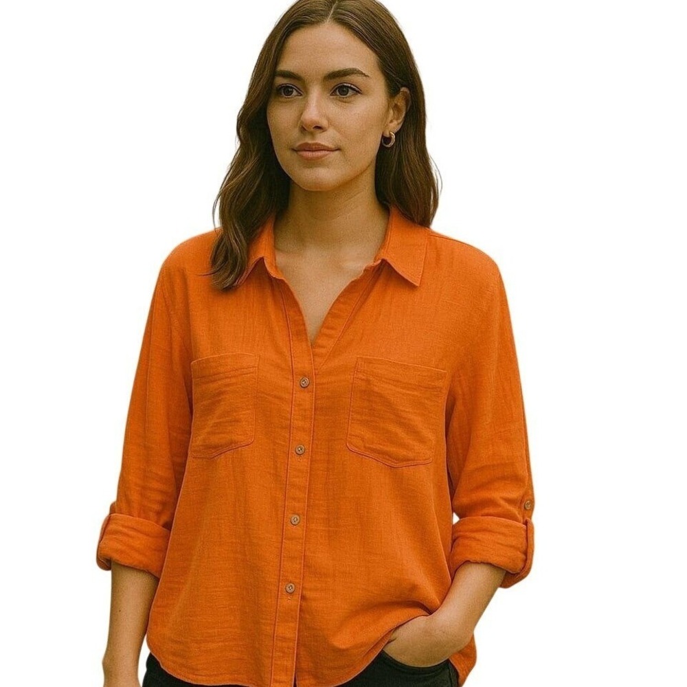 Magashoni Gauze Rustâ Organic Cotton Button Up Shirt Oversized Orange Women's M